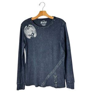 Sinful Shirt Women Large Washed Black Cotton Waffle Knit Whimsigoth Graphic Tee